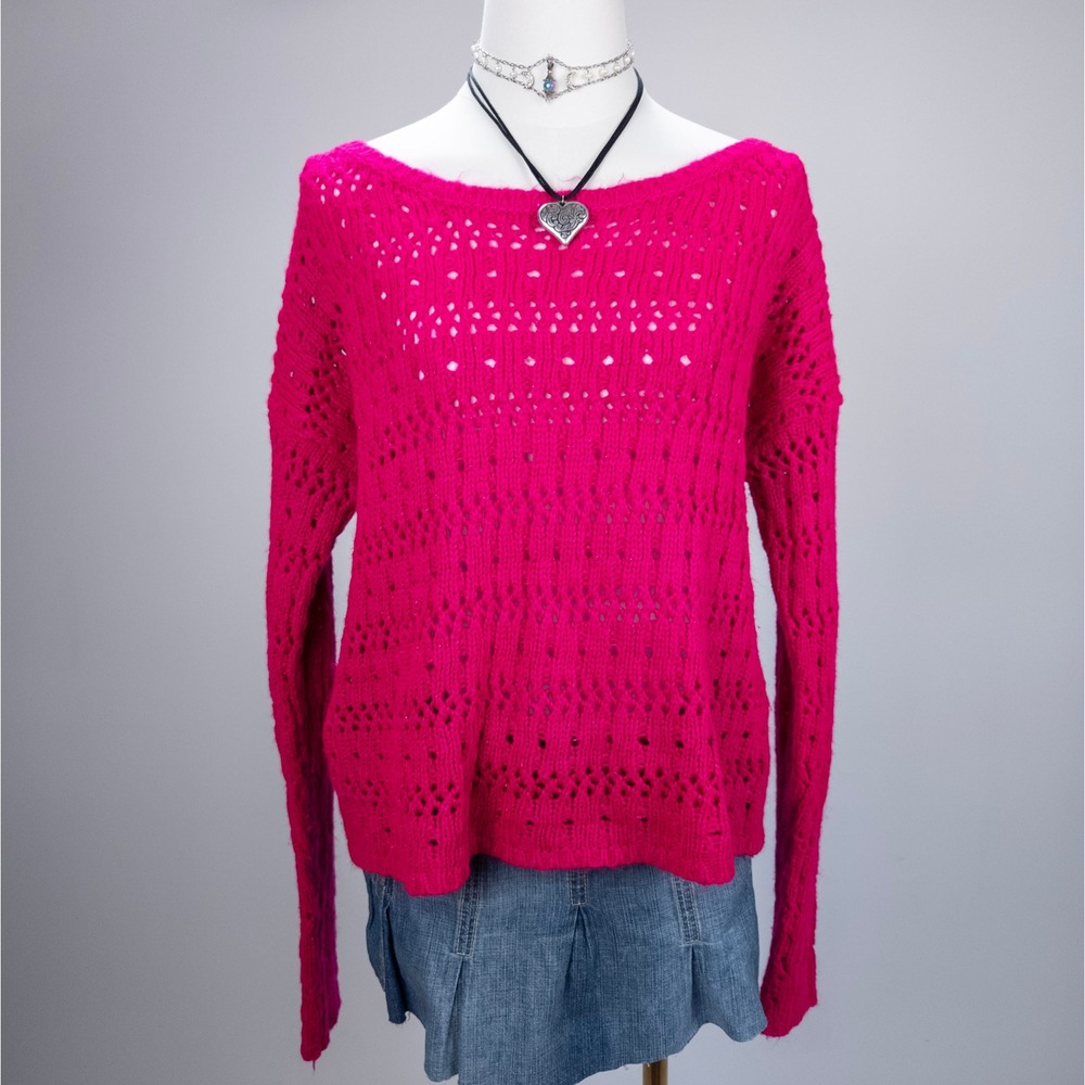 Hot Pink Open Knit Crochet Sweater‎ - Y2K Coquette Aeropostale Pullover